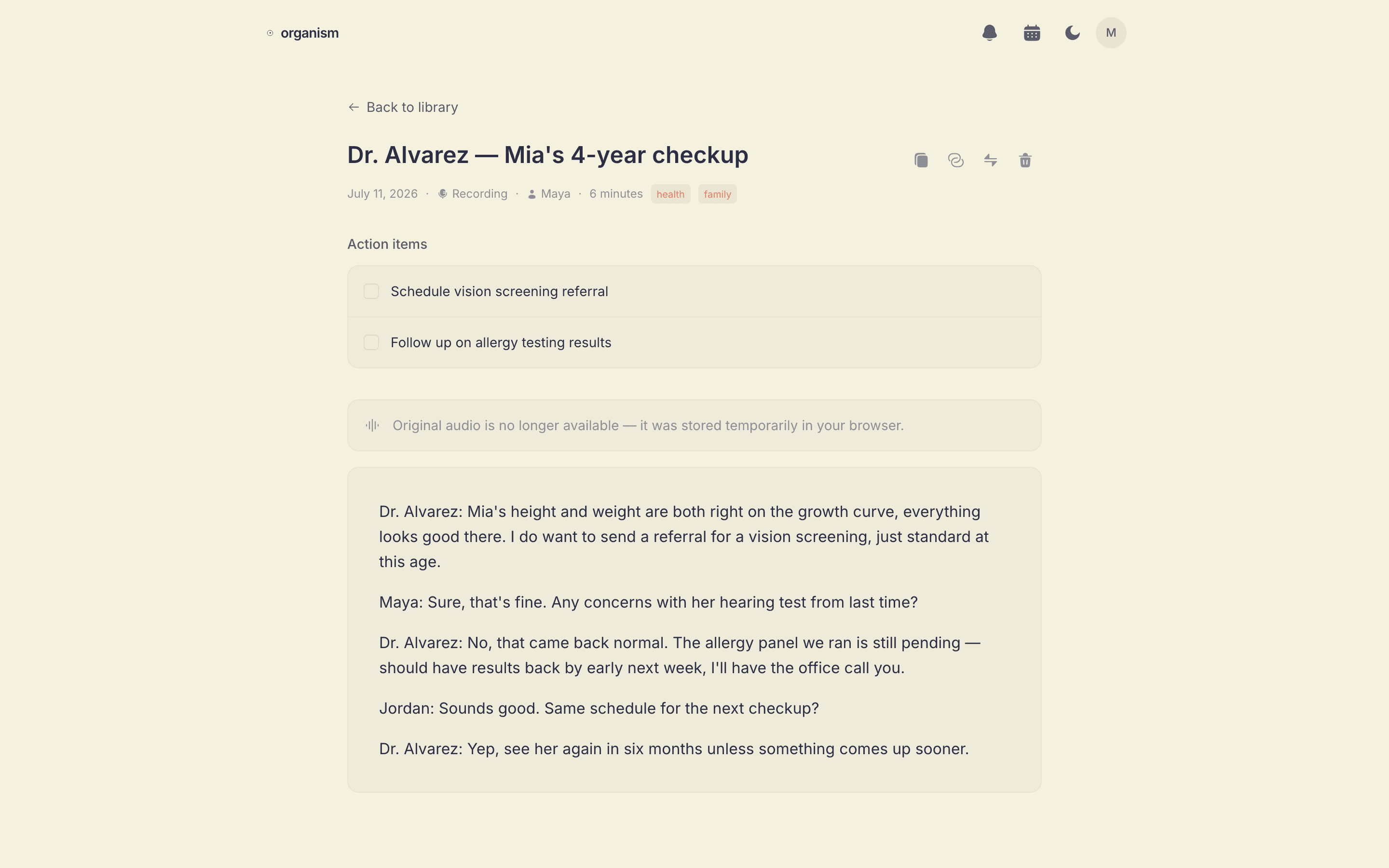 A recorded pediatrician appointment in Organism showing action items like scheduling a referral