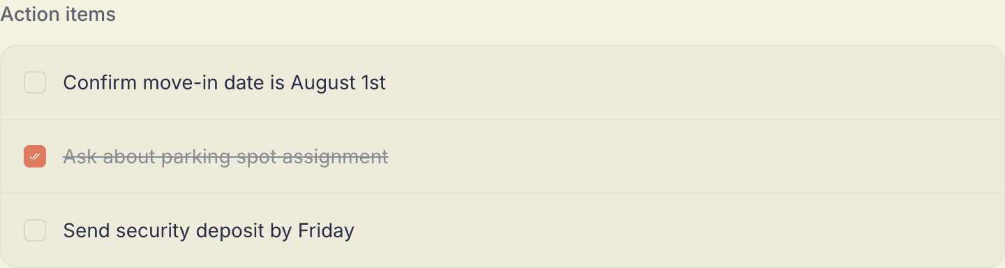 Action items pulled out automatically from a recorded conversation in Organism