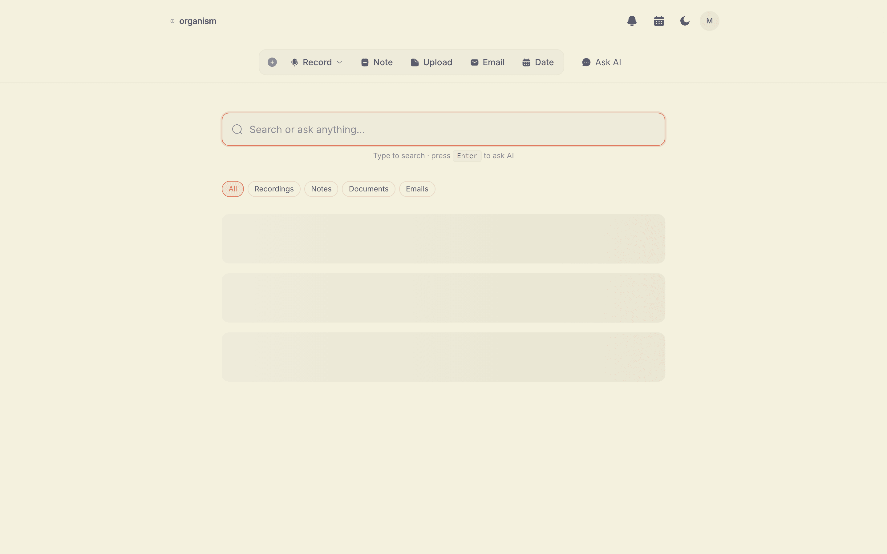 Organism's shared space showing a library of recordings, notes, and documents