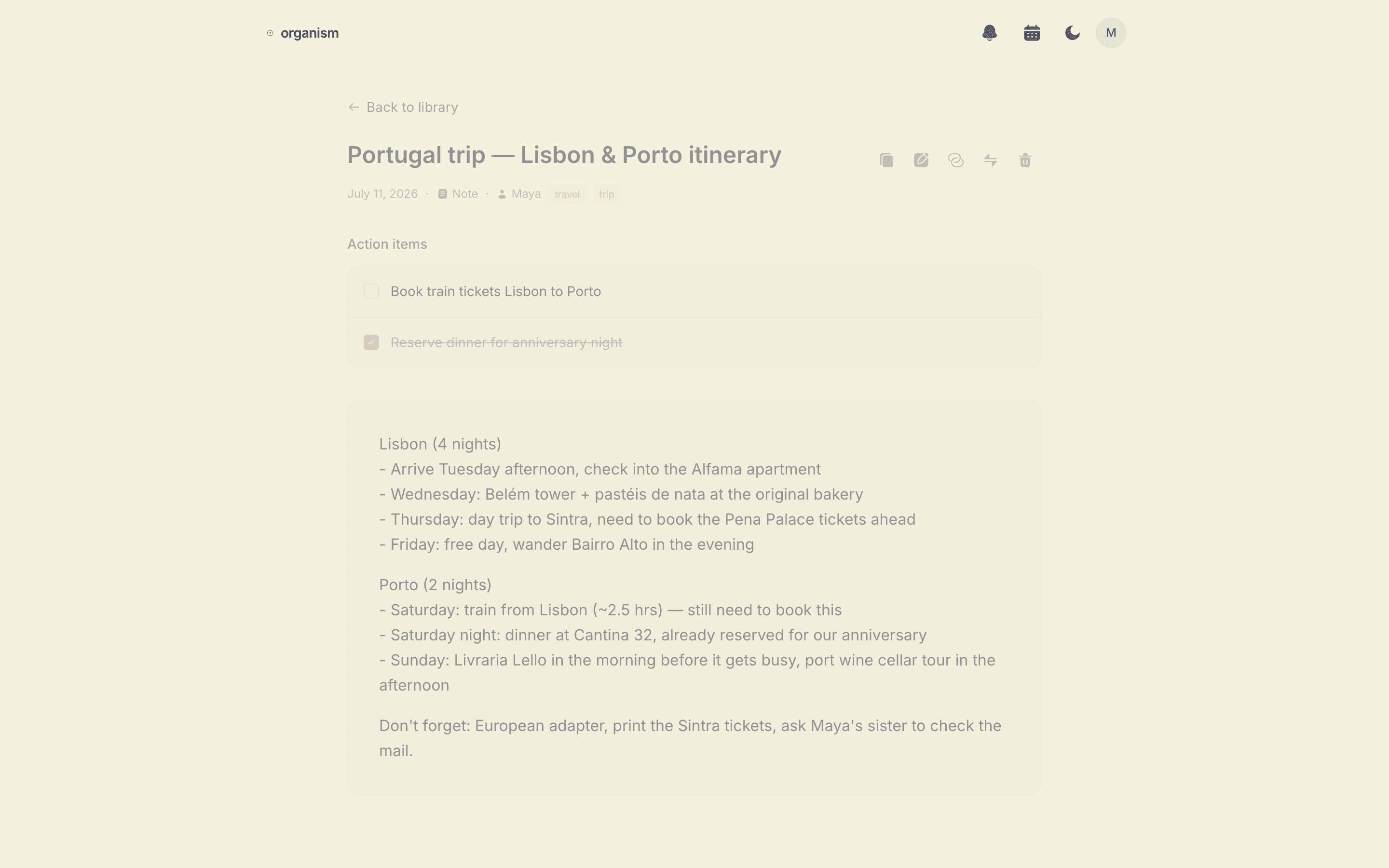 A shared trip itinerary note in Organism with action items for booking trains and reservations